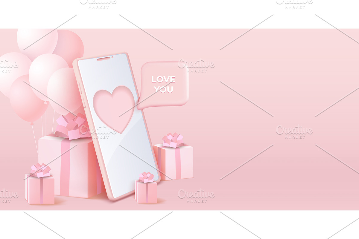 Valentine day phone display with 3d, an Object Illustration by art PVP - market