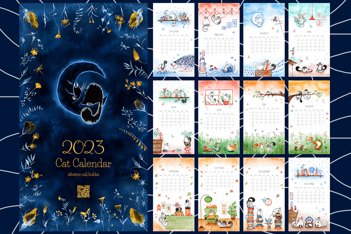 Watercolor Cat Calendar 2023, an Animal Illustration by BetterCallLiubka (Photo 1 of 5)