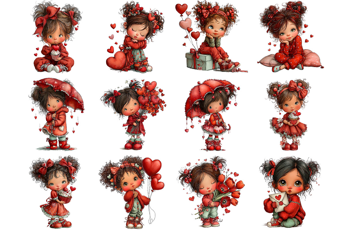 Whimsical Valentine Girl Clipart, an Illustration by DreamArtGraphic (Photo 3 of 4)
