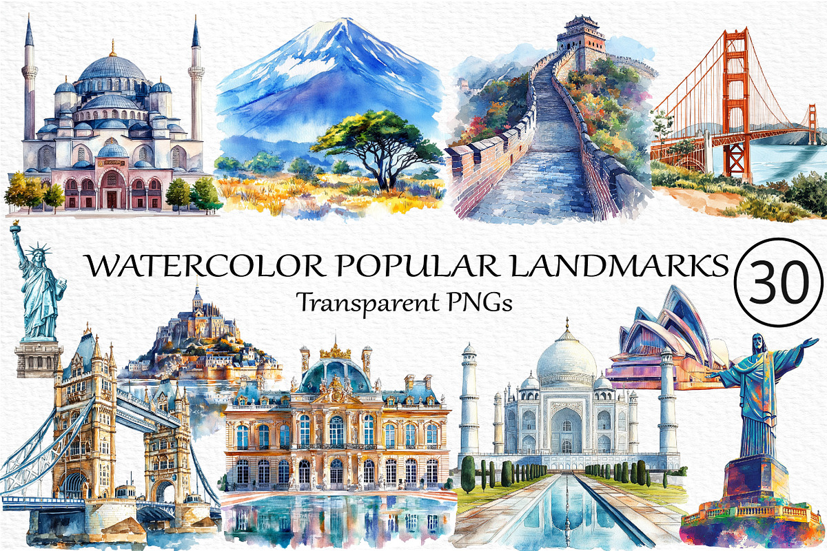 Watercolor Popular Landmarks Clipart, an Illustration by Craft Nest (Photo 1 of 5)