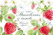 Watercolor strawberry PNG + insects, an Illustration by Alena Kurian (Thumbnail 1 of 3)
