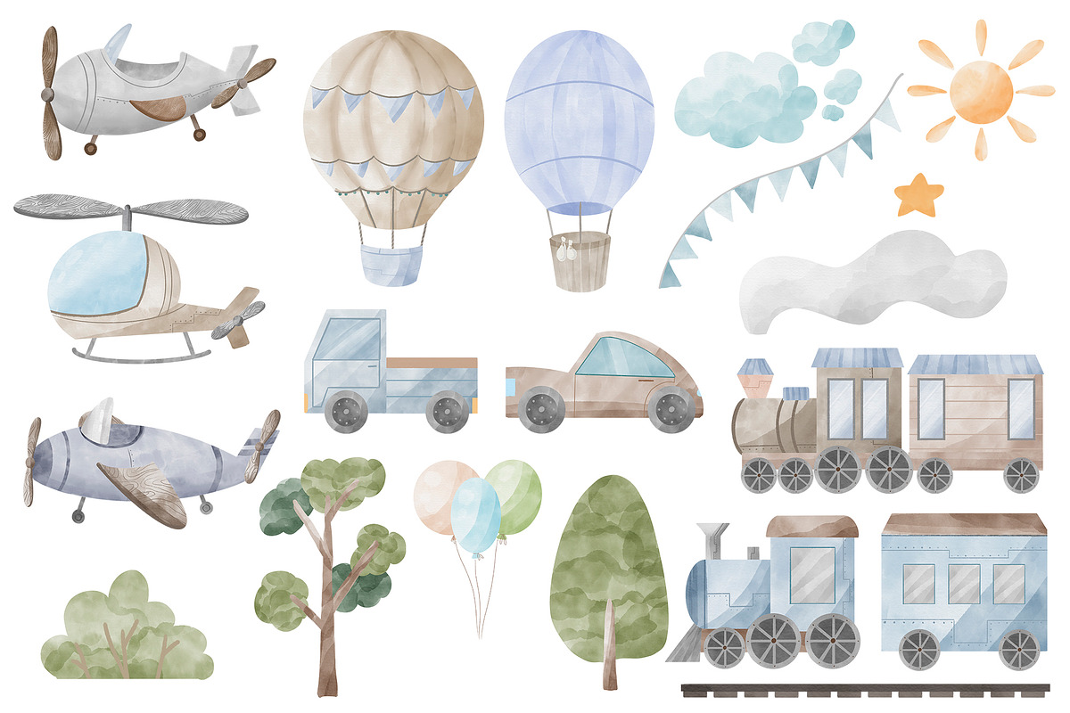 Watercolor transport for baby PNG, a Transportation Illustration by SleptArt (Photo 2 of 4)