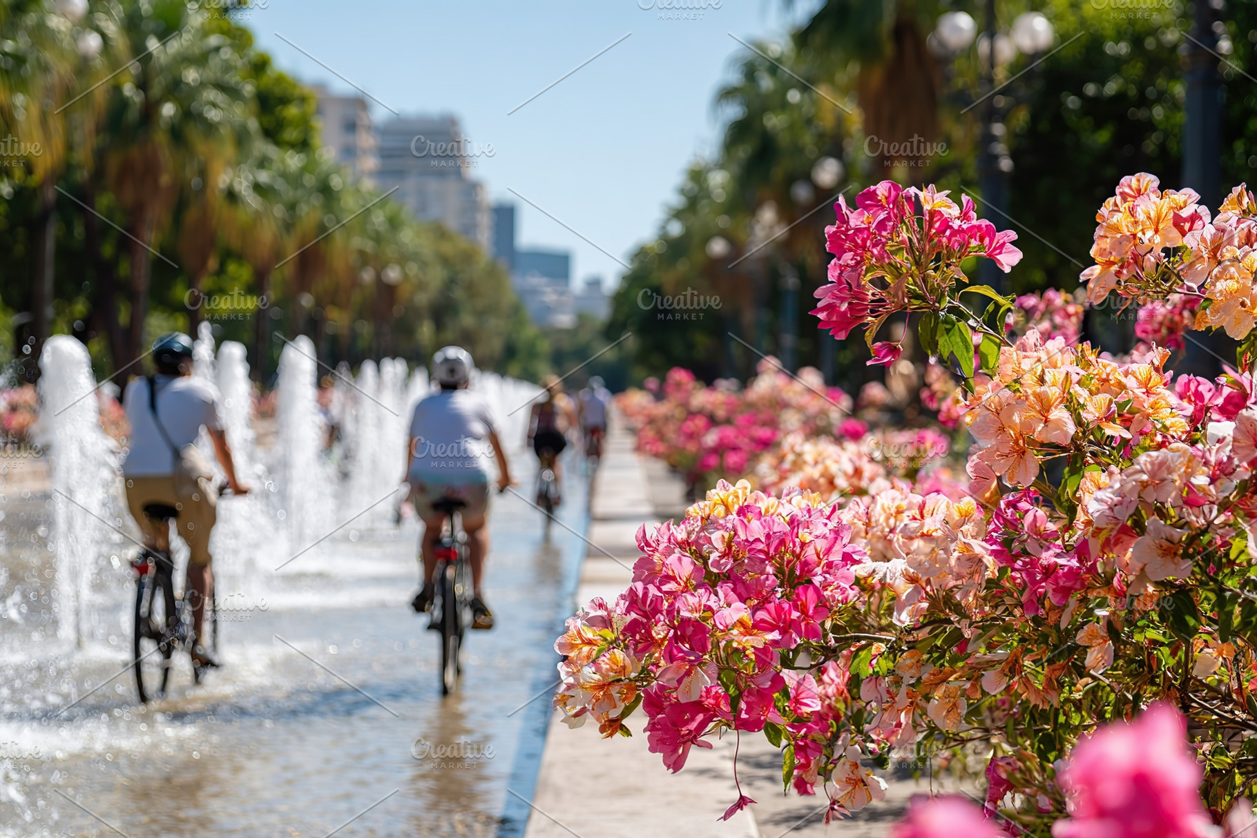 Bicyclists enjoy a sunny day riding through a park filled with colorful flowers, a Photo by AlyaAnd