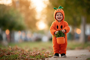 Child in pumpkin costume enjoys fall festivities while holding a small bucket o, a Photo by AlyaAnd