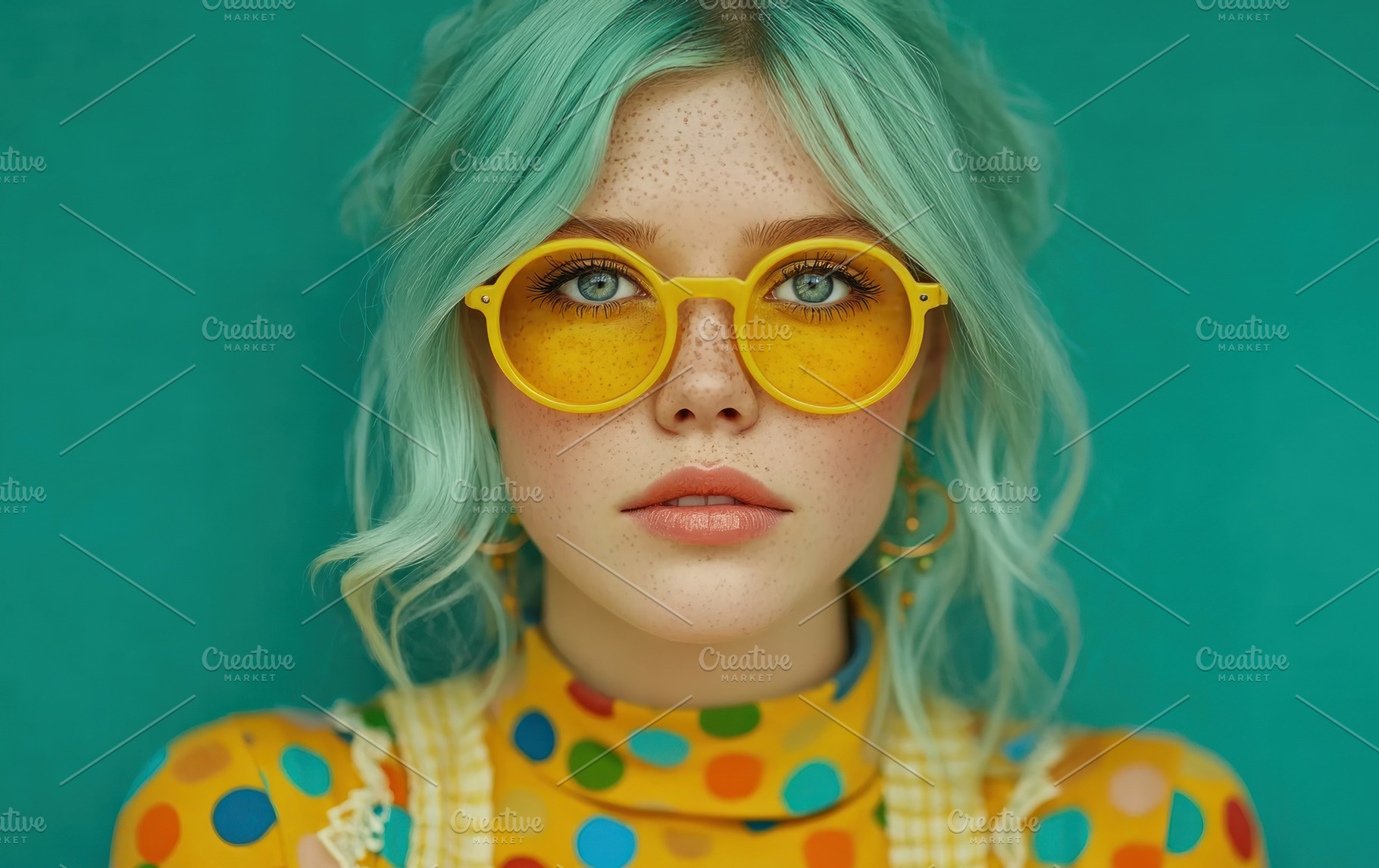 Trendy young woman with turquoise hair wearing yellow sunglasses, a Photo by José Manuel Gelpi