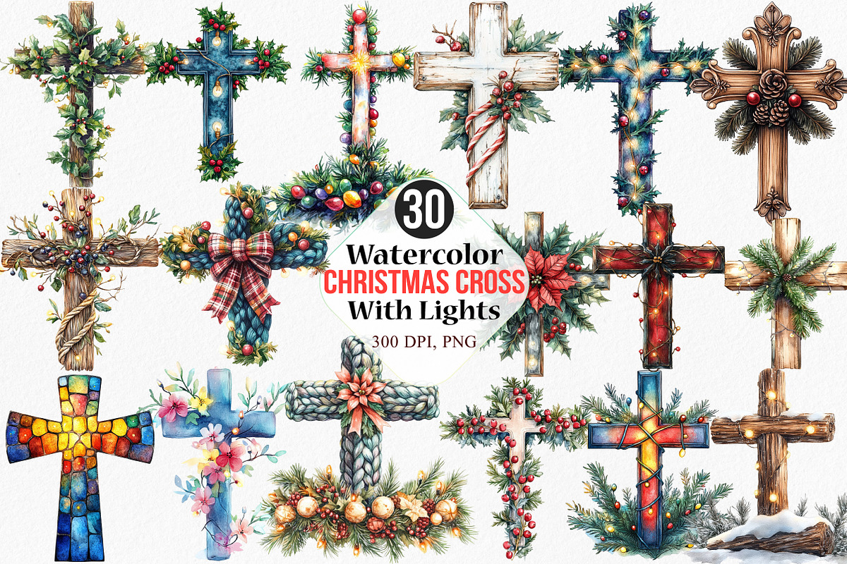 Christmas Cross With Lights Clipart, an Illustration by Canvas Craft (Photo 1 of 7)