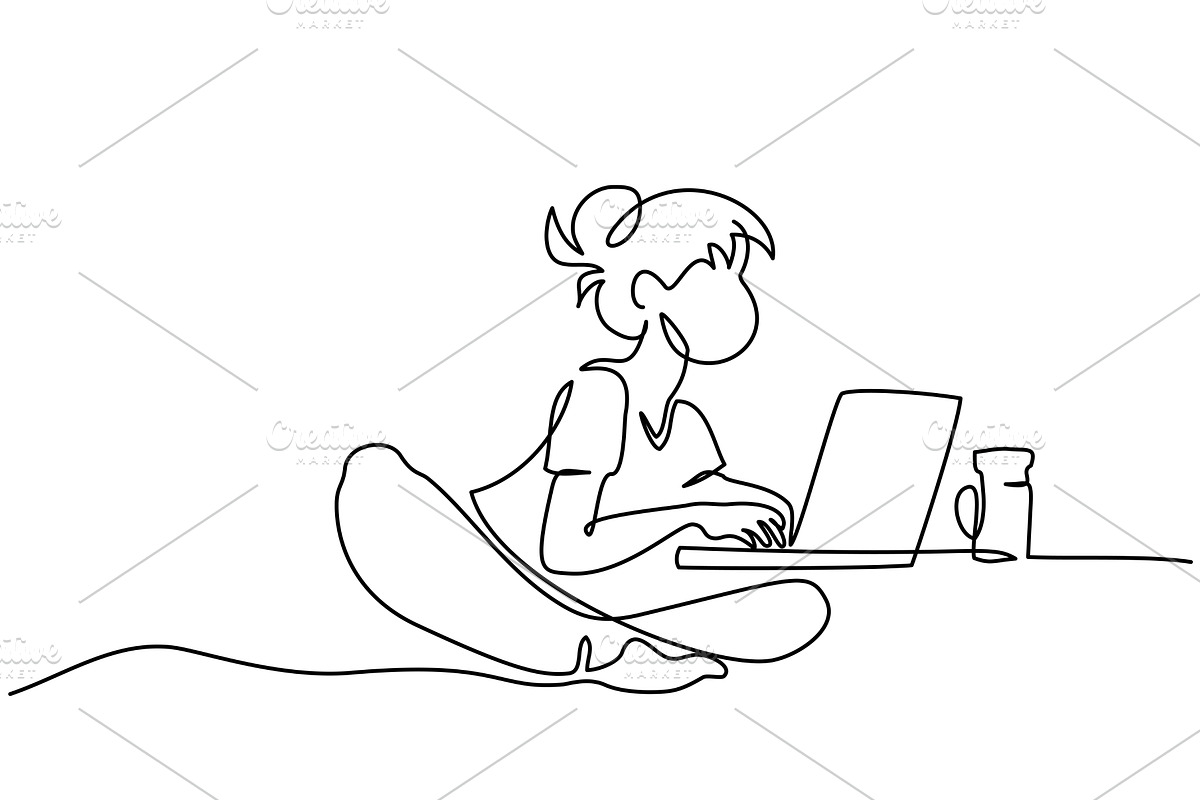 Cute girl working remotely on laptop, a Person Illustration by Valenty