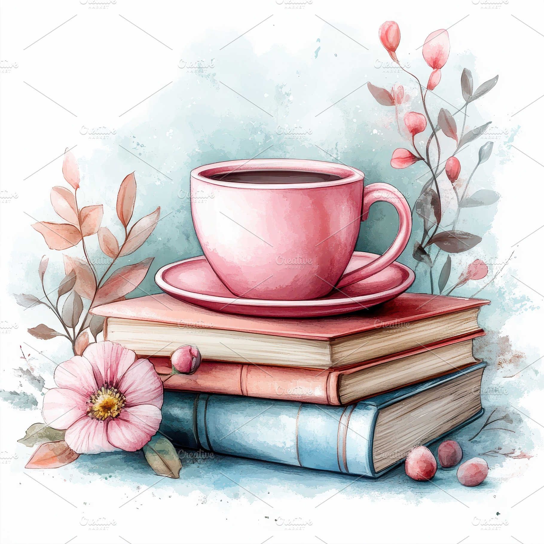 Pink teacup on stacked books with fl, a Food & Drink Photo by Pixeness Studio