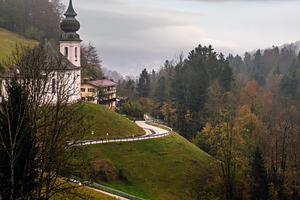 Overcast foggy autumn morning and Maria Gern church,  Berchtesga, a Nature Photo by YuriyB