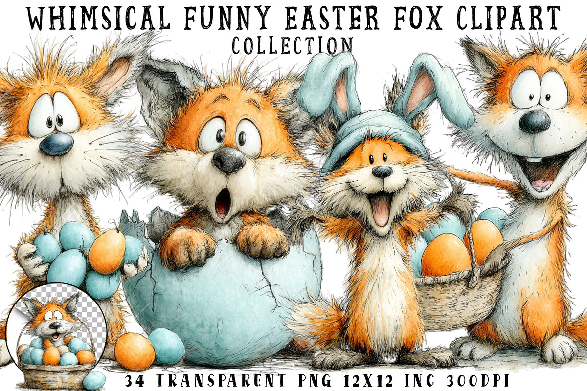 Whimsical Funny Easter Fox Clipart, an Illustration by OK Design (Photo 1 of 6)