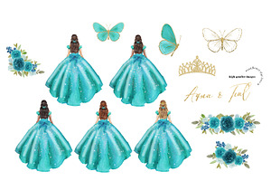 Aqua & Teal Princess Dresses Clipart