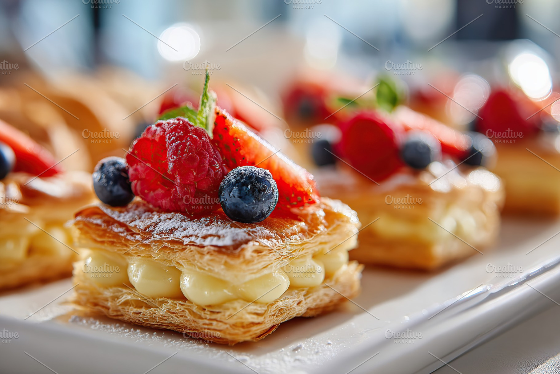 Puff pastry squares filled with creamy custard and topped with fresh berries on, a Food & Drink Photo by AlyaAnd