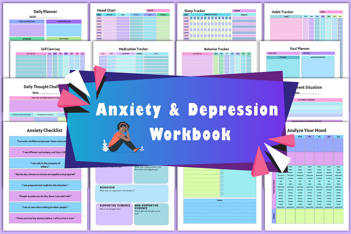 Premium Anxiety &Depression Workbook, a Stationery Template by Shumaya (Photo 1 of 8)
