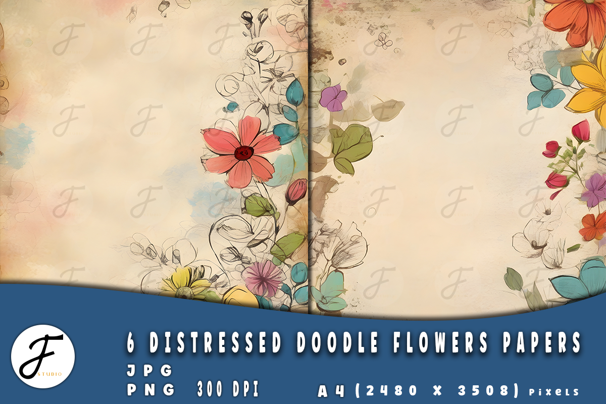 Distressed Doodle Flowers Papers, a Background Graphic by Joaquin Fernandez Studio (Photo 2 of 4)