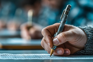 Student in an exam completing a multiple-choice test in a classroom setting, a Photo by AS photostudio