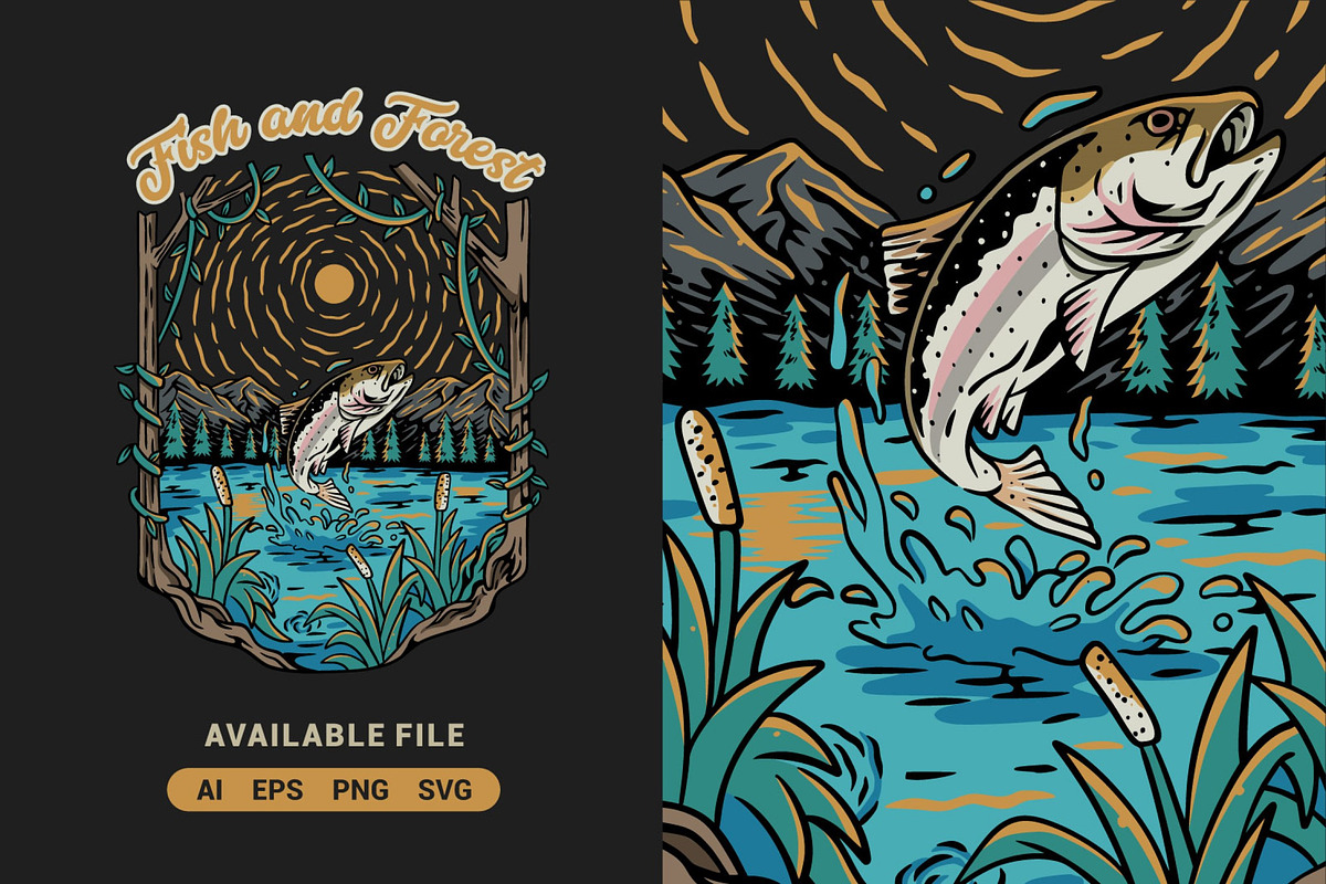 Fish and Forest Vector Illustration, an Illustration by ImoogiStudio