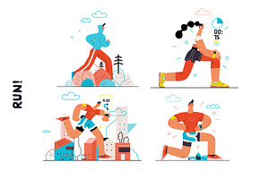 RUN! Flat Vector Illustrations Set