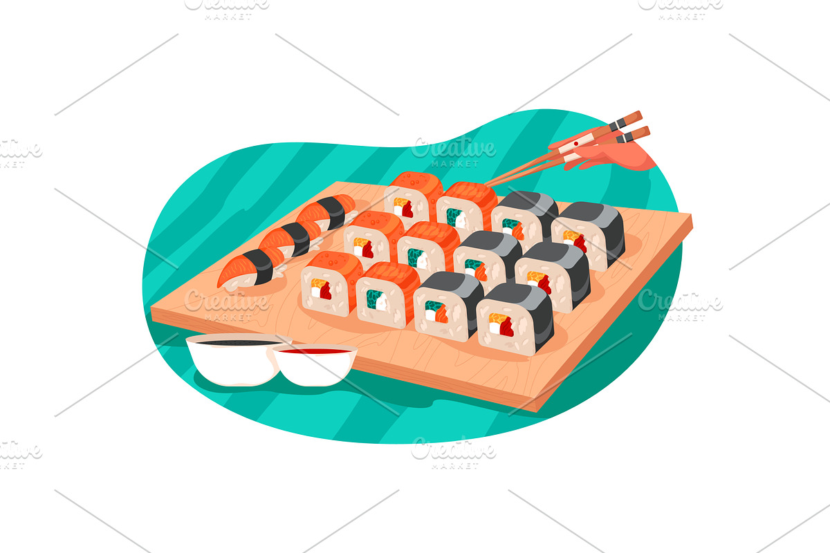 Sushi fast food on wooden tray, a Food Illustration by vectorpointstudio