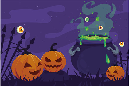 halloween cauldron and pumpkins, an Illustration by studiogstock