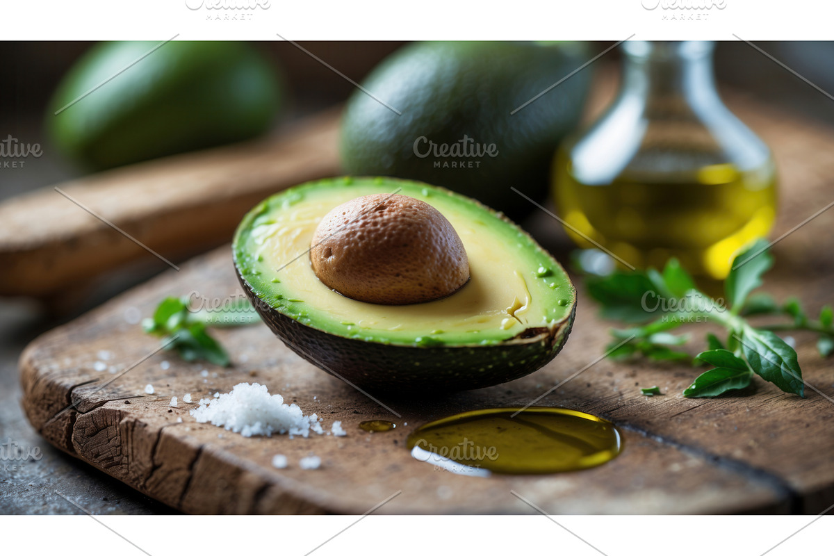 Fresh halved avocado with seed on, an Illustration by tilialucida