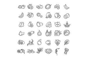 Natural food flat line icons set, a Food Illustration by Tettygreen