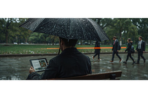 Man sitting on a bench under a black, an Illustration by tilialucida
