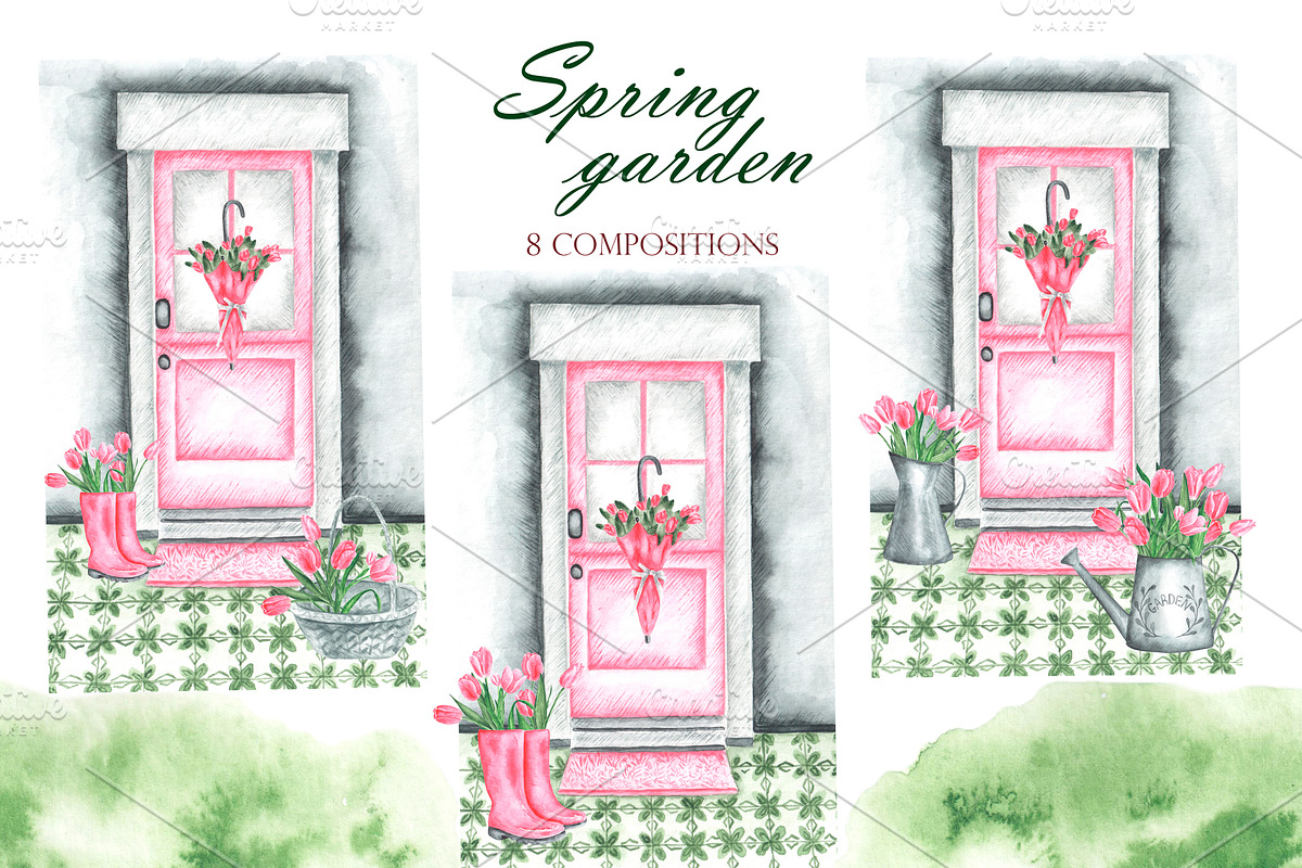 Pink tulips watercolor set. Flowers, an Illustration by SabinaWatercolorArt (Photo 4 of 14)