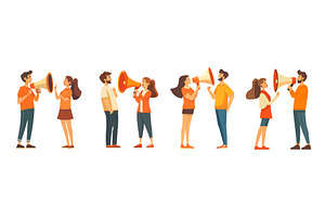 Man and woman with megaphone, a Technology Illustration by Stock-Smart-Start