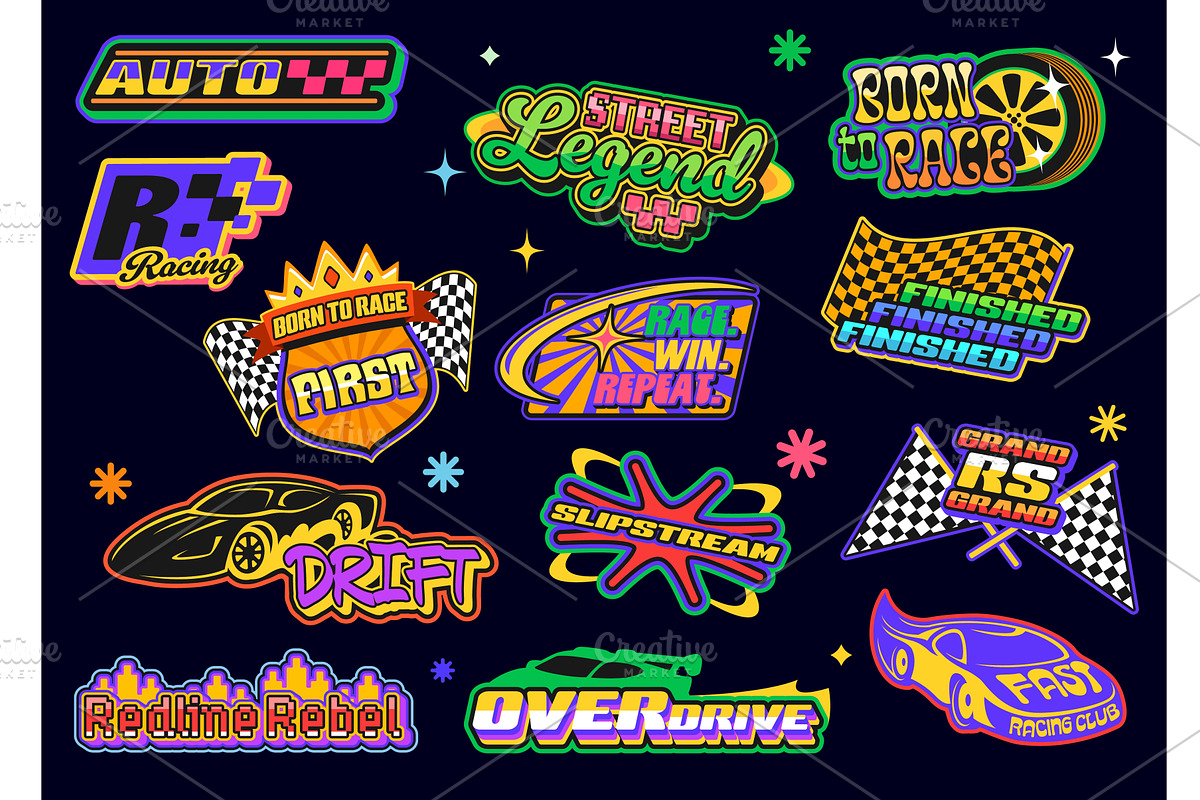 Y2k retro racing sport stickers set, a Sport Illustration by Vector Tradition