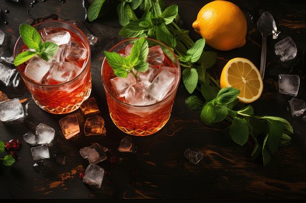 Refreshing Cocktails with Ice, Mint, and Lemon on a Wooden Table, a Photo by AS photostudio