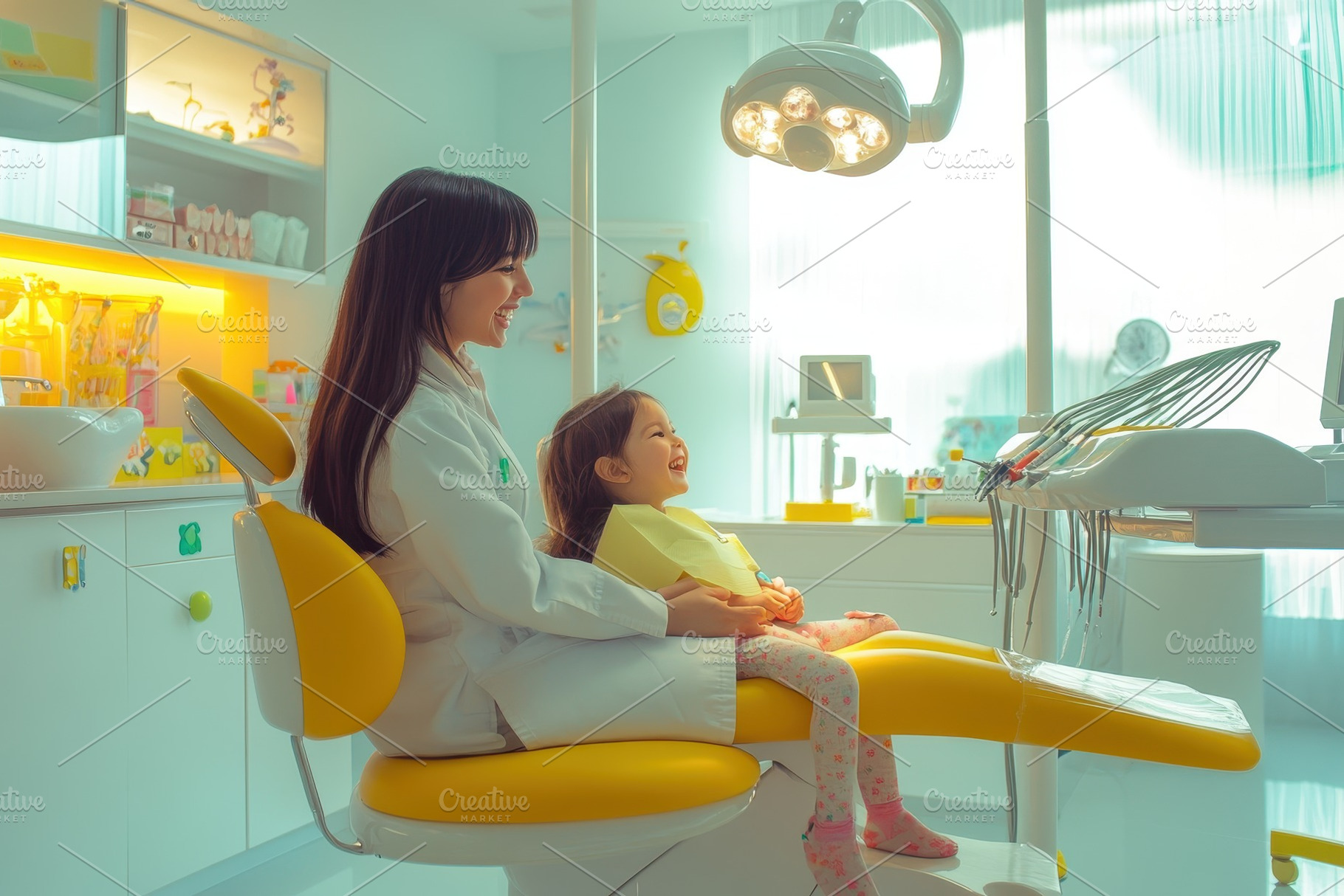 Friendly paediatric dentist examines, a Photo by Pavel_design