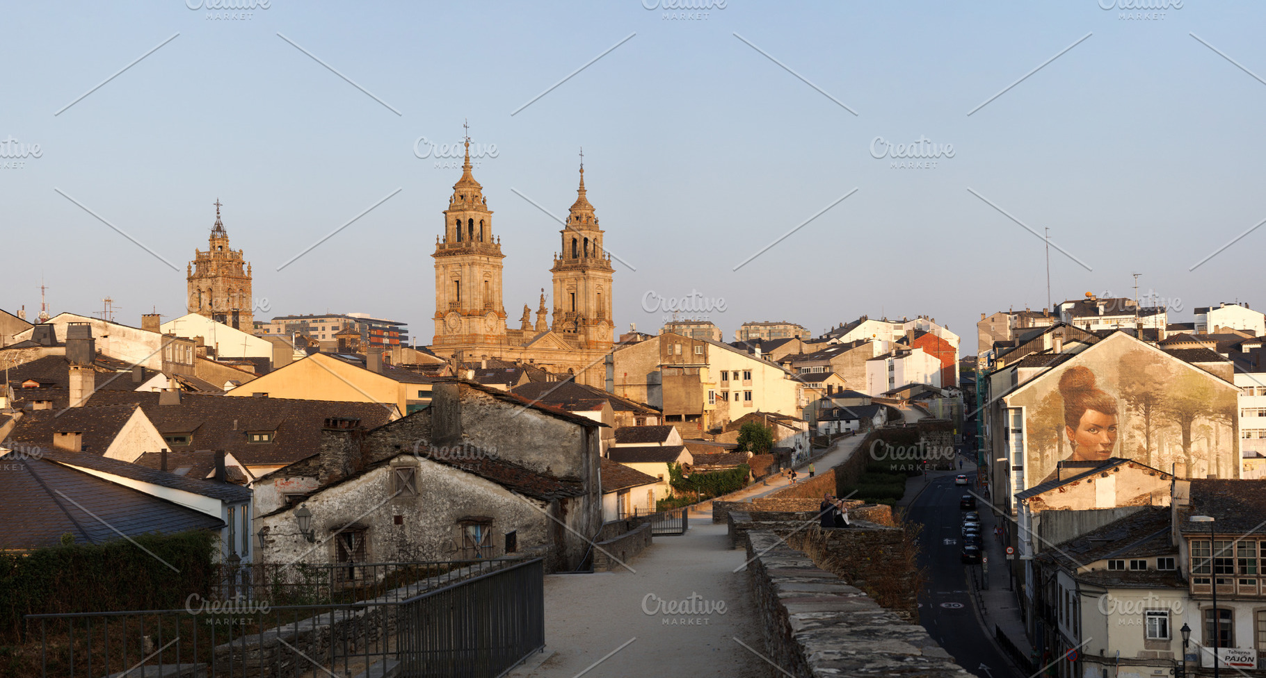Historic Cityscape with Cathedral Towers and Roman Wall, Lugo, S, an Architecture Photo by Bepslabor