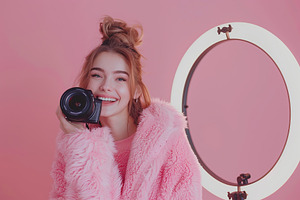 Beautiful blogger using selfie ring light and camera on pink bac, a Person Photo by AlyaAnd