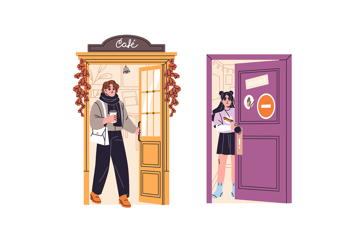 People enter and exit from doors set, a Person Illustration by PaperTrident (Photo 2 of 8)