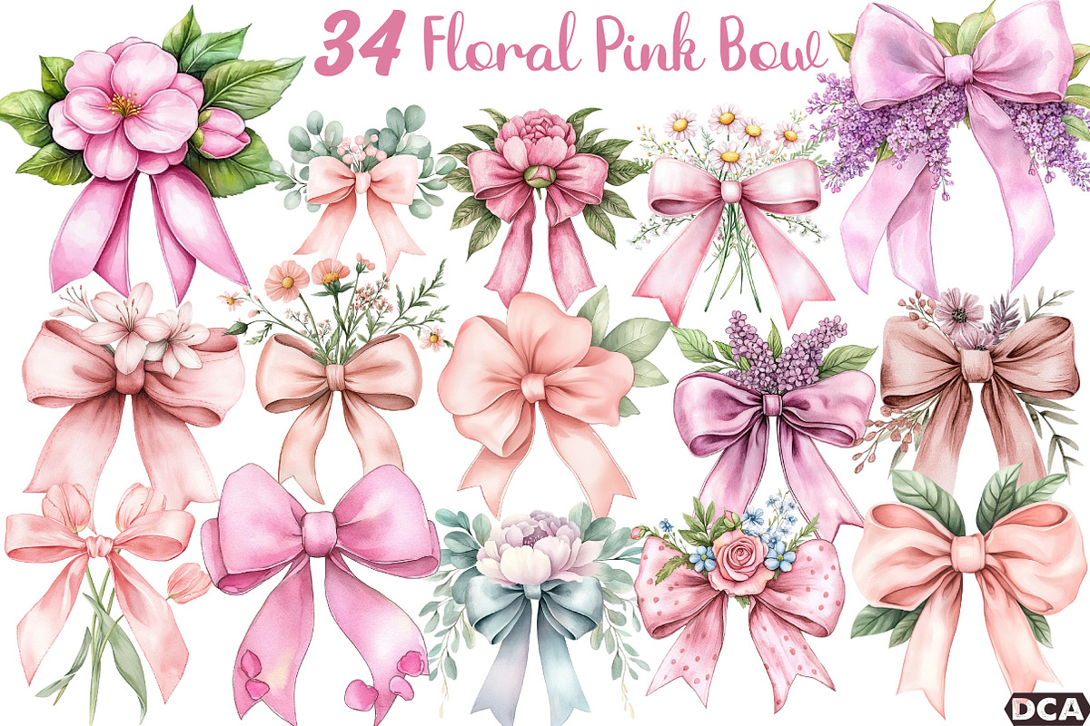 Watercolor Floral Pink Bow PNG, an Illustration by DreamCafeArt (Photo 1 of 3)