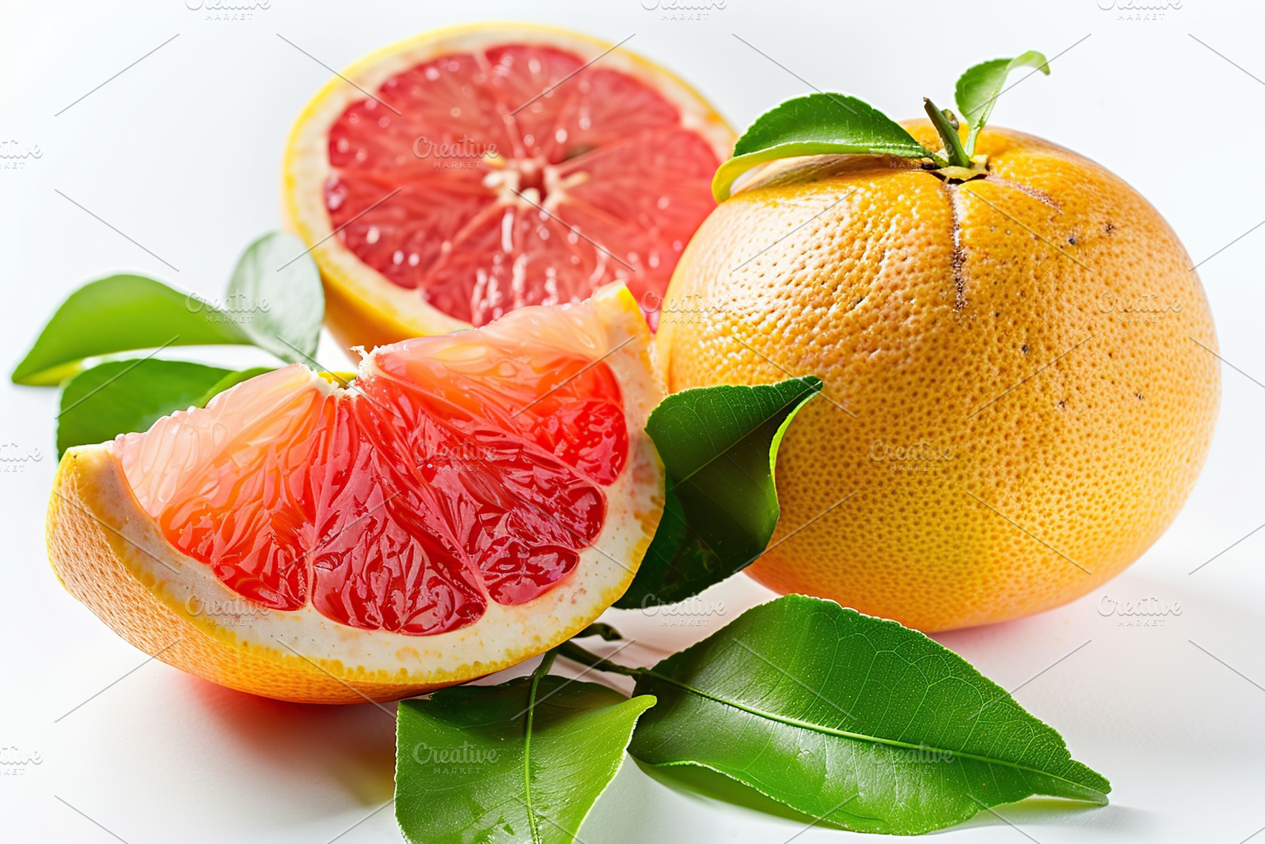 Fresh and tasty grapefruits with green leaves on white background, a Food & Drink Photo by AlyaAnd