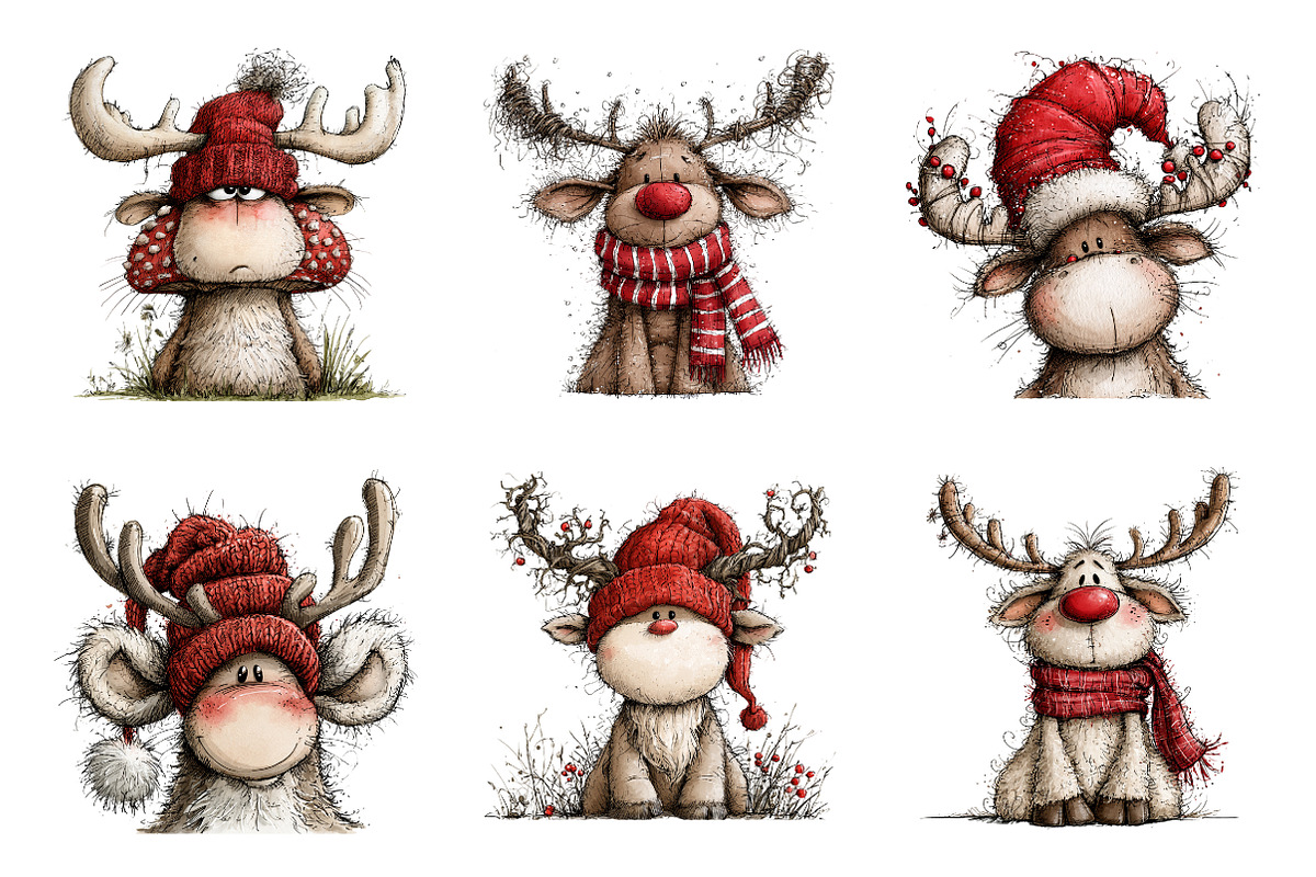 Quirky Christmas Reindeer Clipart, a Work Illustration by SinaCreation (Photo 2 of 6)