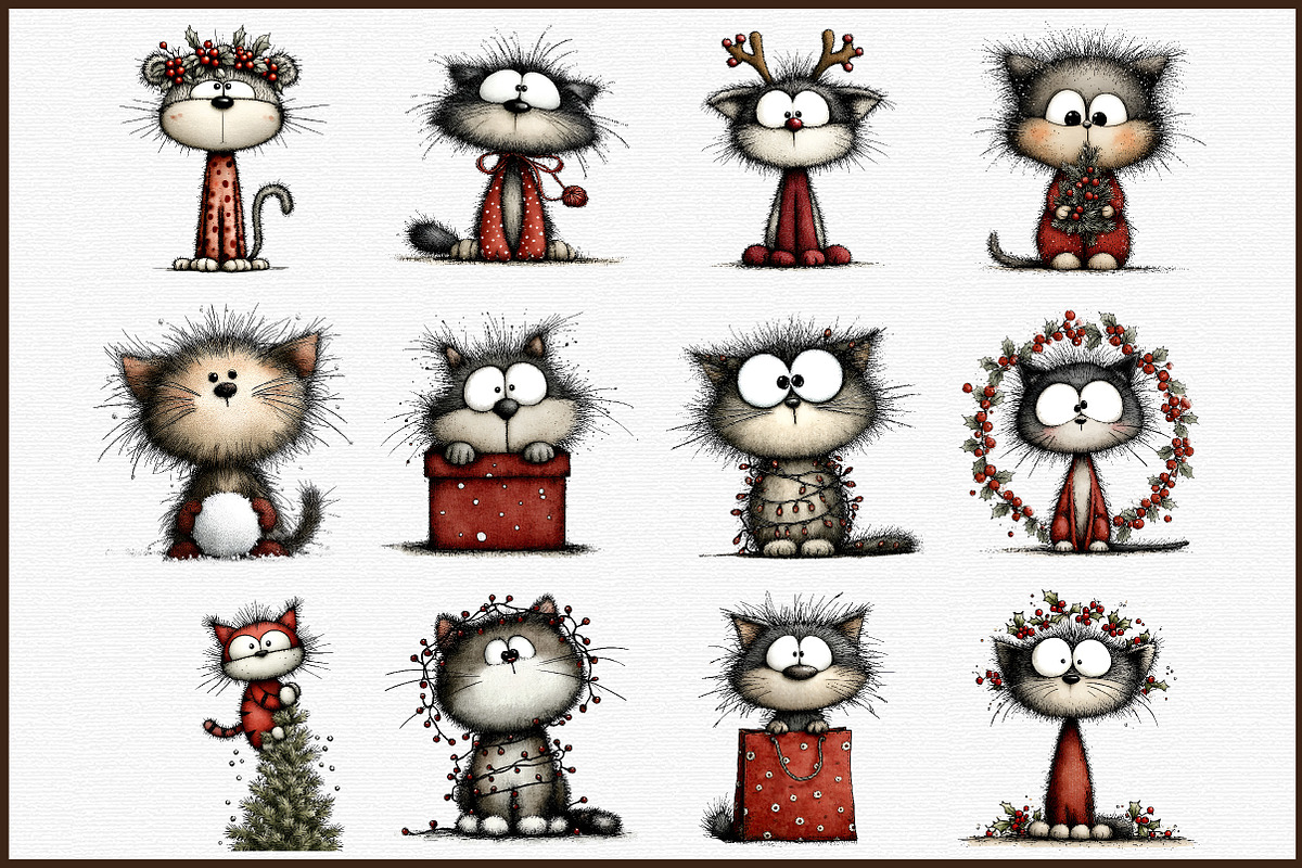 Whimsical Christmas Cats Watercolor, an Illustration by Sublimation Artist (Photo 3 of 6)