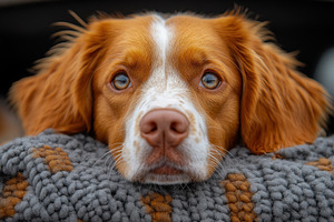Cute brown and white dog resting on, a Photo by Tanuart
