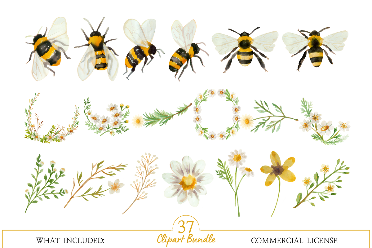 Watercolor Floral Bee Clipart, an Illustration by MockupWizard (Photo 2 of 5)