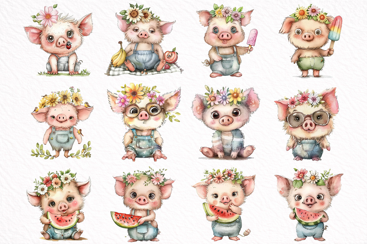 Whimsical Summer Pig Clipart, an Illustration by DreamArtGraphic (Photo 6 of 8)