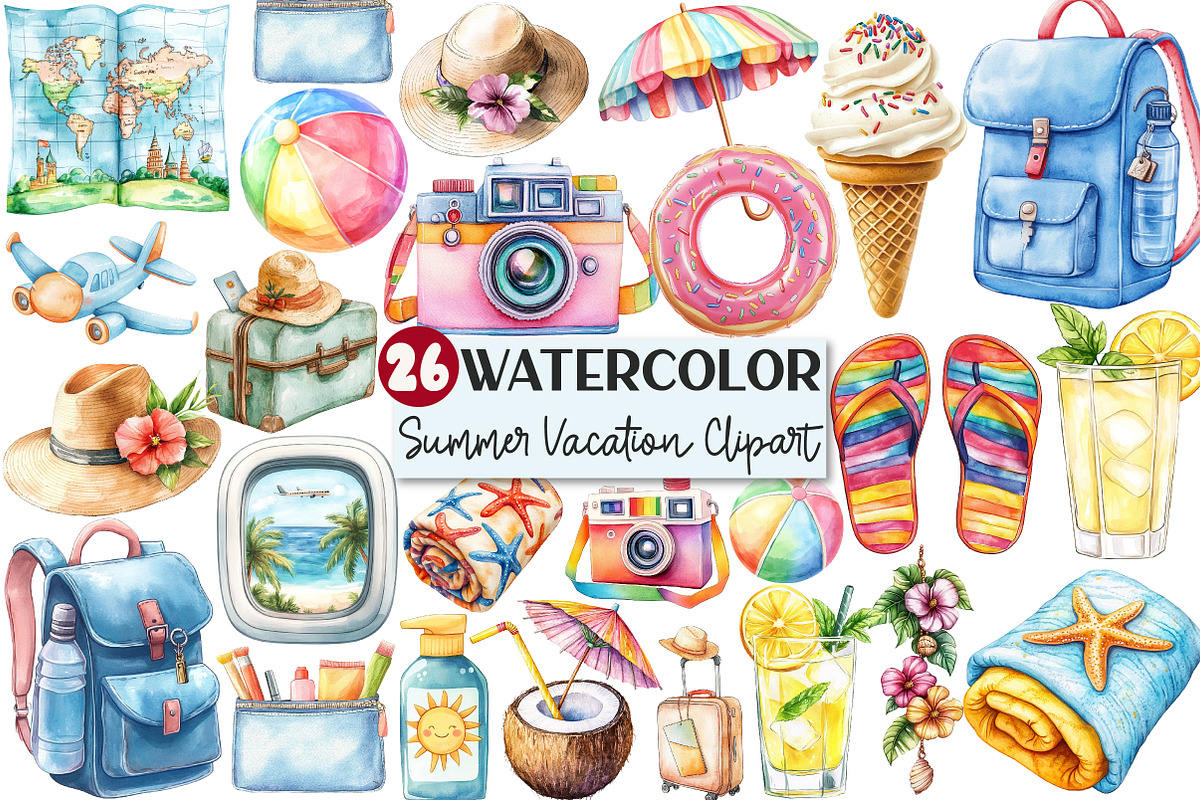 Watercolor Summer Vacation Clipart, an Illustration by Rose Art (Photo 1 of 4)