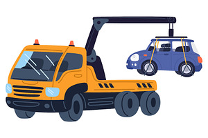 Yellow tow truck loads passenger car