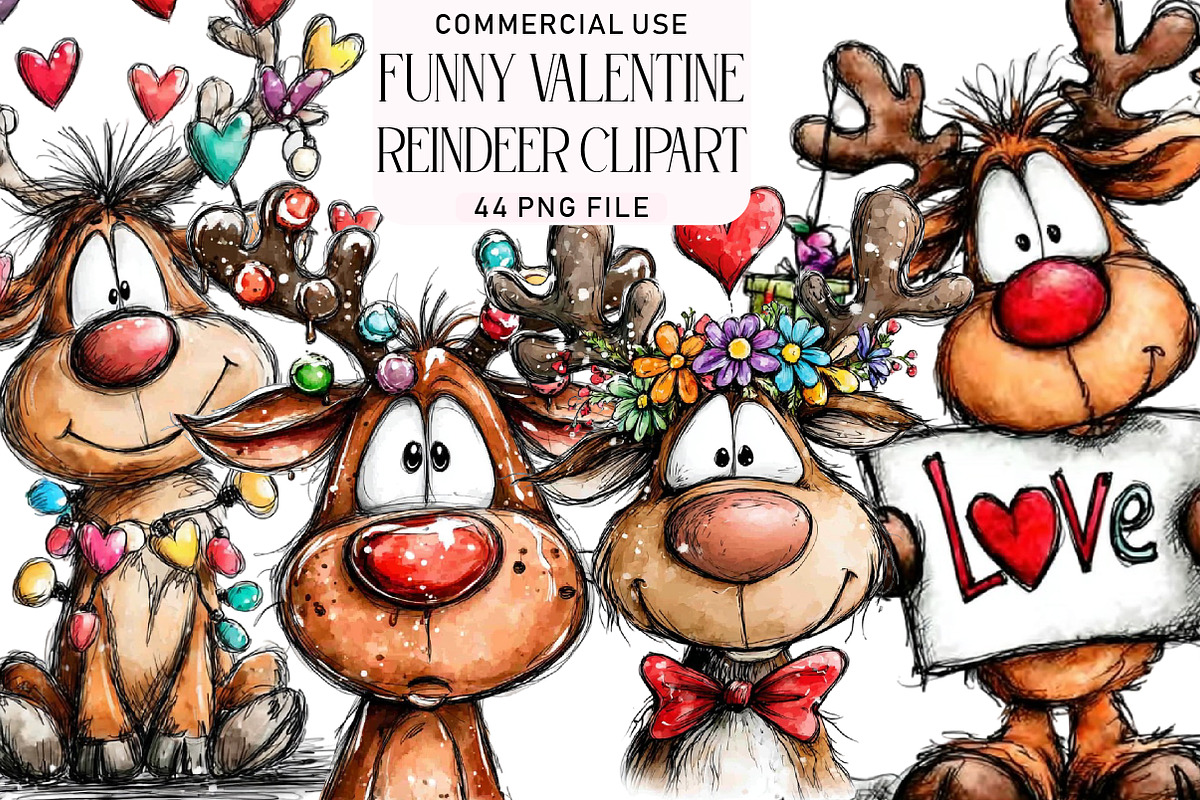 Funny valentine Reindeer Clipart, an Illustration by Daily.Designs (Photo 1 of 5)