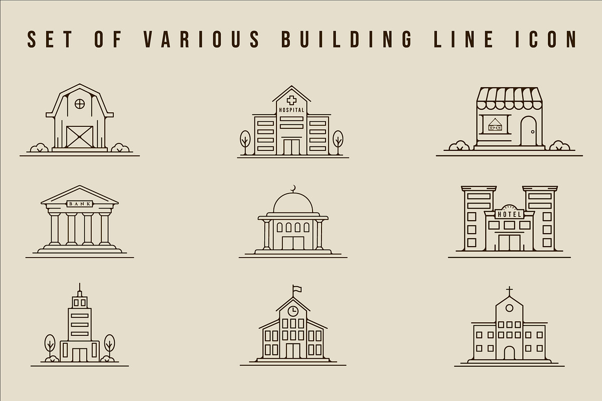 set of building icon logo line art, a Branding & Logo Template by zyxroun shop