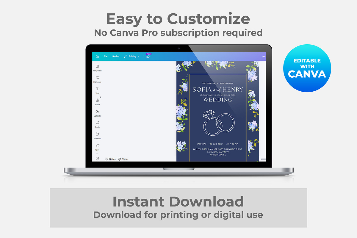Navy Blue Floral Wedding Invitation, an Invitation Template by M9 Design (Photo 4 of 5)