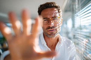 Man using hand gesture for emphasis in modern indoor setting with natural light, a Person Photo by AlyaAnd