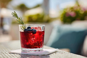 Refreshing cocktail with blueberries and rosemary on a sunny outdoor patio, a Food & Drink Photo by AlyaAnd