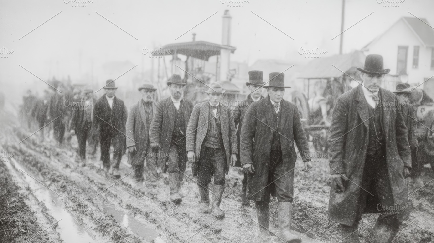 Men in top hats and work coats walking through a muddy road in a vintage farmin, a Photo by AS photostudio