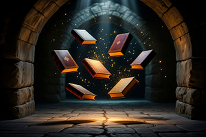 Ethereal ancient books levitating, a Photo by rarrarorro